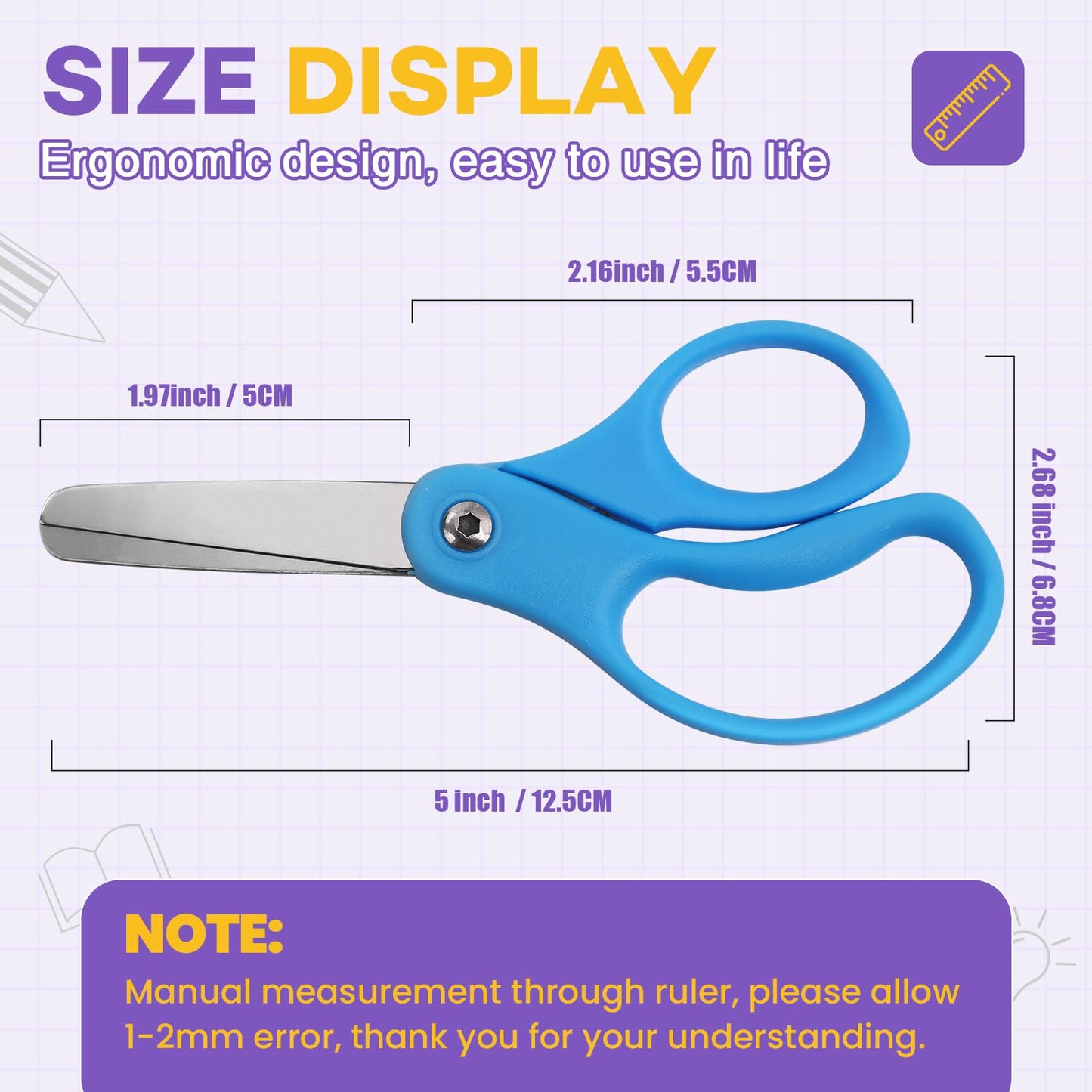 BURVAGY 48 Packs 5" Small School Student Blunt Tip Craft Kids Scissors, Stainless Steel Blades Comfort Grip 5 Inch Safety Scissors Bulk for Children Toodler Cutting Paper