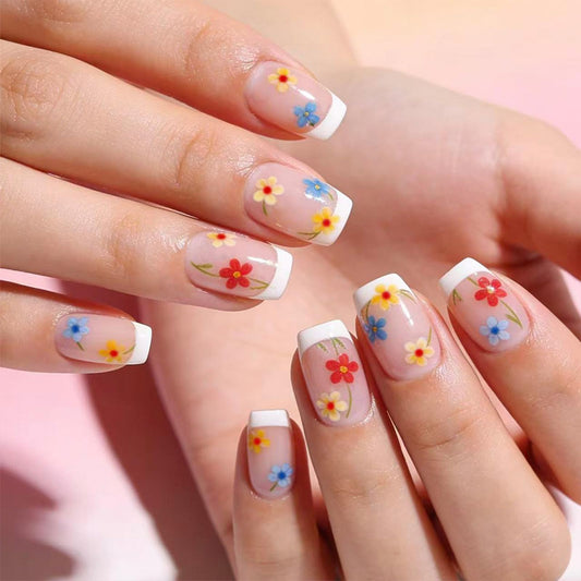 Floral Press on Nails Flower Fake Nails 24 Pcs HZJXRT Medium Square Stick on Nail Spring Flower Acrylic False Nail Glossy White French Tips Glue on Artificial Fingernails for Coquette Women