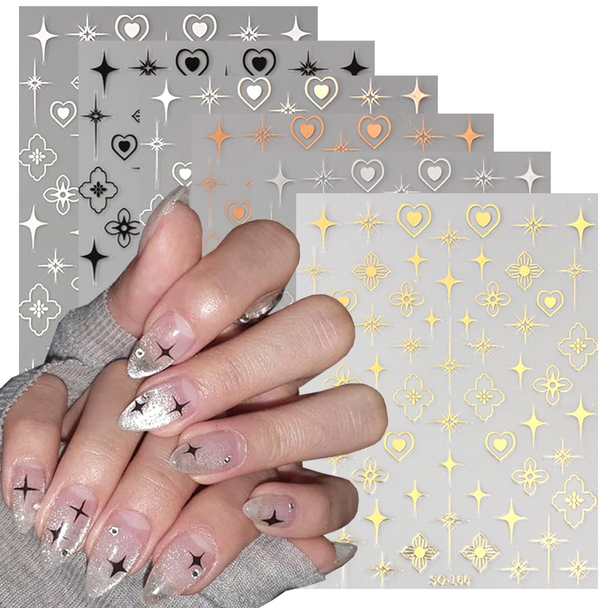 6 Sheets Gold Star Nail Sticker, Retro Design,3D Self-Adhesive Nail Decals Silver/Pink Gold Hollow Cross Star Heart Glitter Designer Nail Supplies Elegant Luxury Manicure Sticker DIY for Women Girls