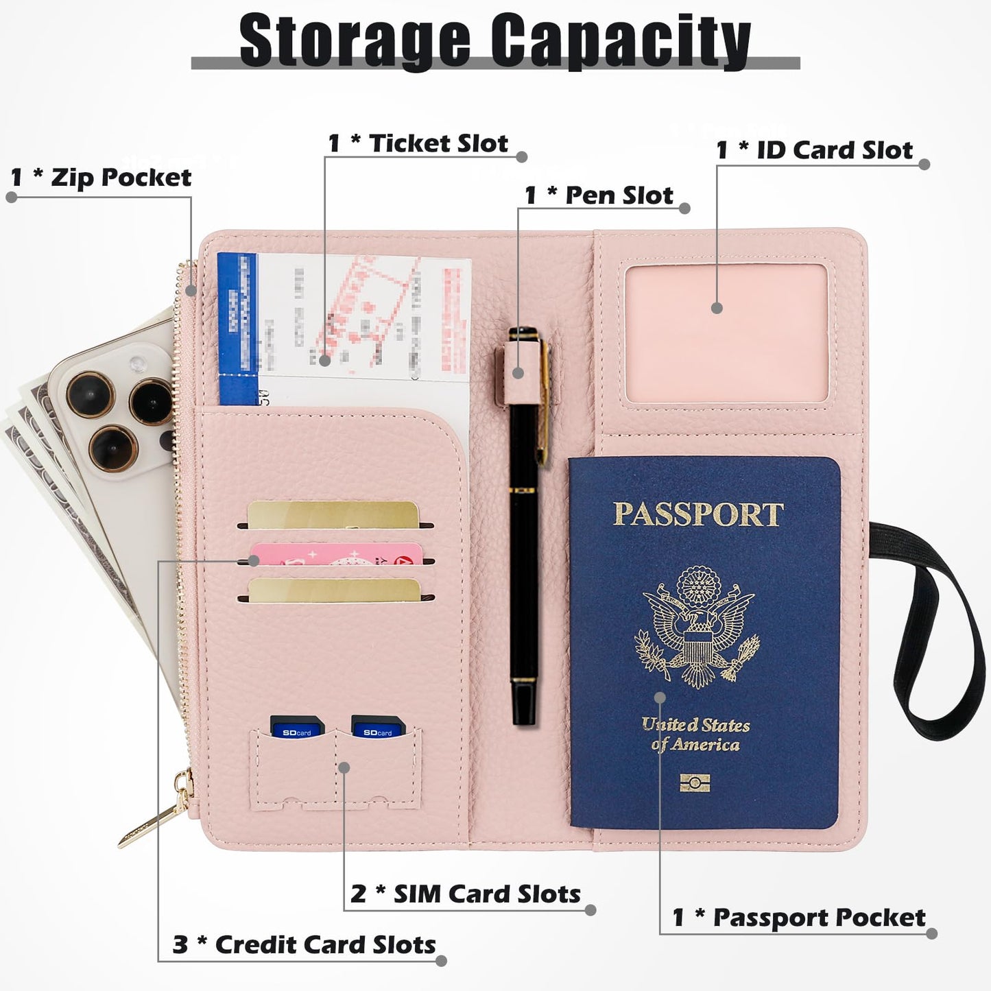 Dannir Travel Passport Wallet, RFID Blocking Passport Holder with Zipper, Passport Cover for Women Men, PU Leather Travel Document Organizer with Card Slots, Gift for Family Friends, Pink