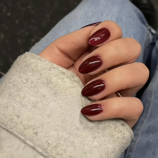 KQueenest Upgrade Thick Acrylic Dark Red Press on Nails Short Oval, Burgundy Red Fake Nails Press on Short Almond, Natural Oval Glue on Nails for Women Fall Winter Wear in 24 Pcs