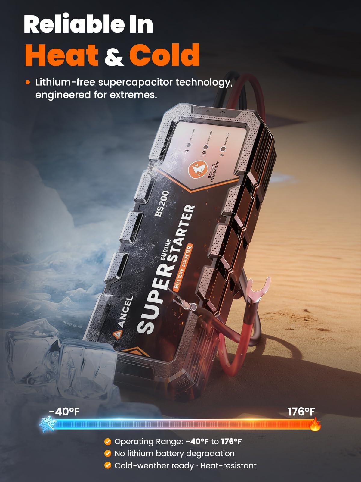 ANCEL BS200 Super Starter - Permanent Connected Starting System with Super Capacitor, Car Battery Jump Booster & Health Monitor via App, -40℉~176℉ in-Cabin Jump Box for 3.0L Vehicles