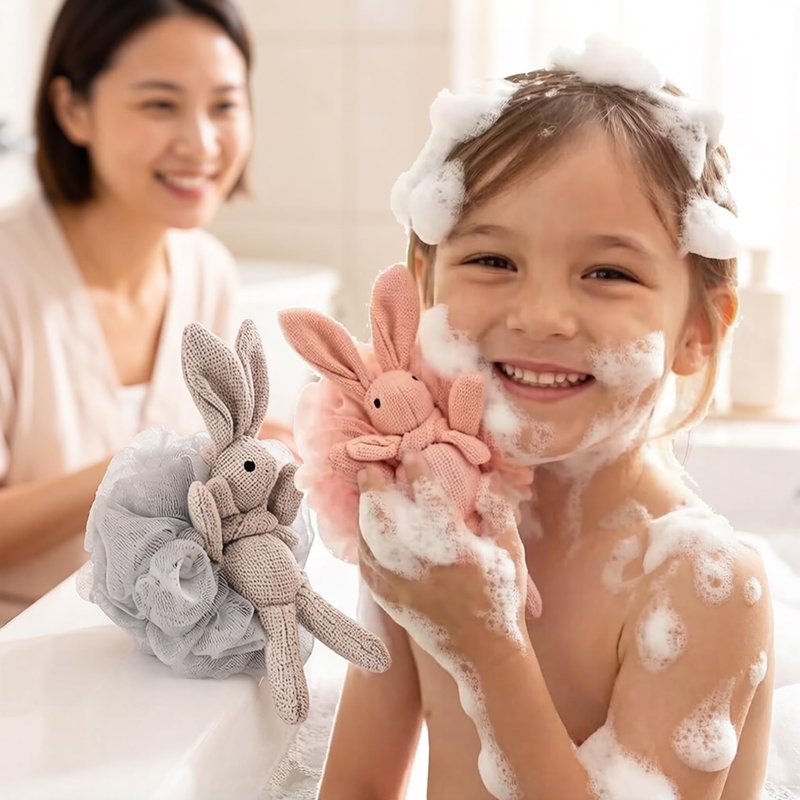 Kids Bath Loofah for Girls and Women,Soft Mesh Luffa with Cute Bunny Animal Character Exfoliating Body Scrubber Bath Sponge for Shower (2 Piece) - Pink & White