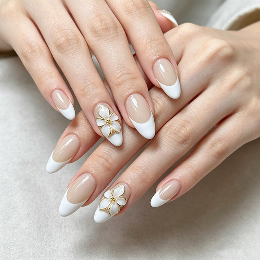 3D Flower Press on Nails Glossy White French Tips Medium Almond Fake Nail Floral False Nails with Gold Trim Design Elegant Stick on Nail Pearl Glue on Artificial Fingernails for Women Daily Wear