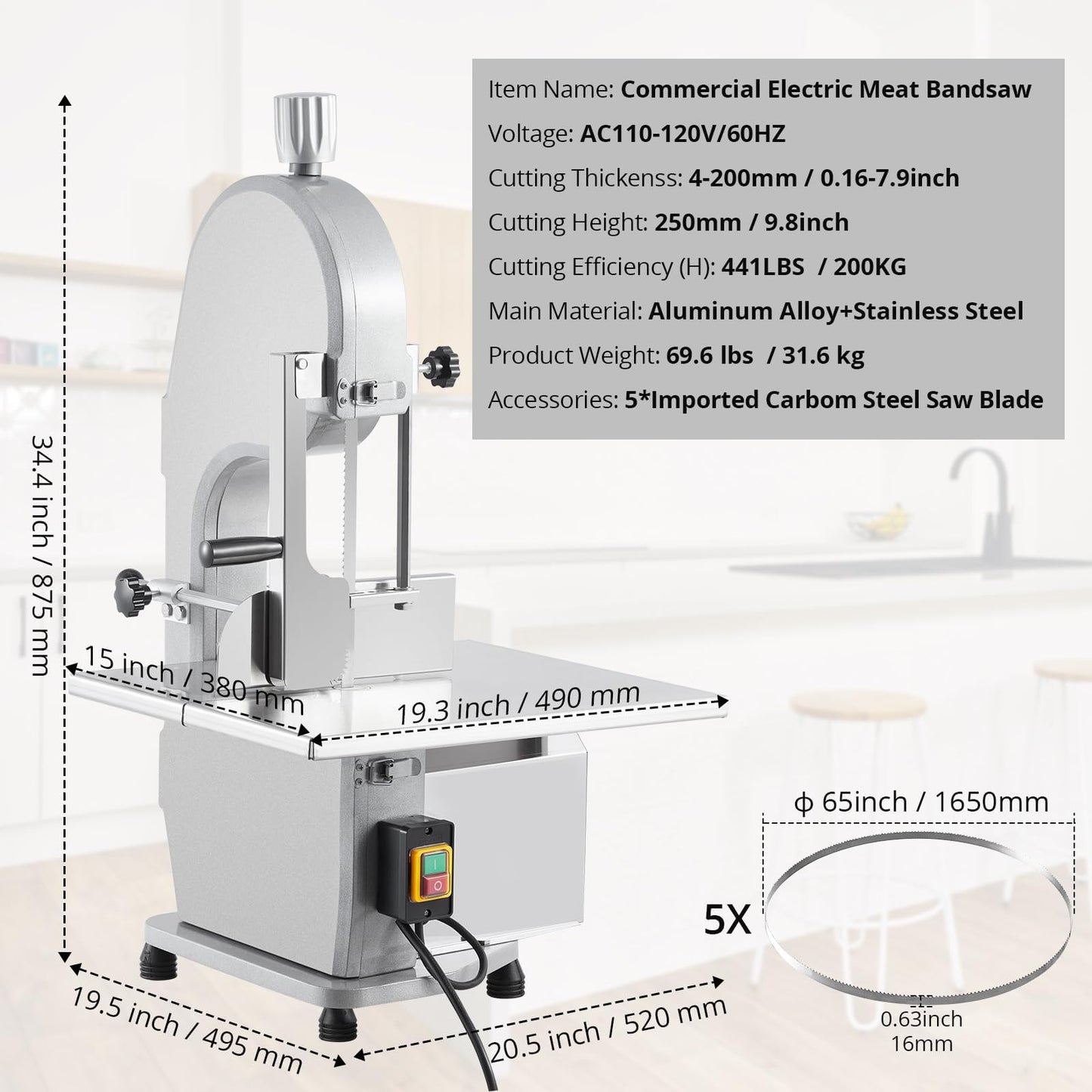 Commercial Electric Meat Band Saw 1100w, Bone Cutting Machine with Stainless Steel Worktable 19.3 x 15 in, 0.16–7.9" Cutting Thickness, Includes 5 Saw Blades, for Frozen Beef Pork Fish Chicken