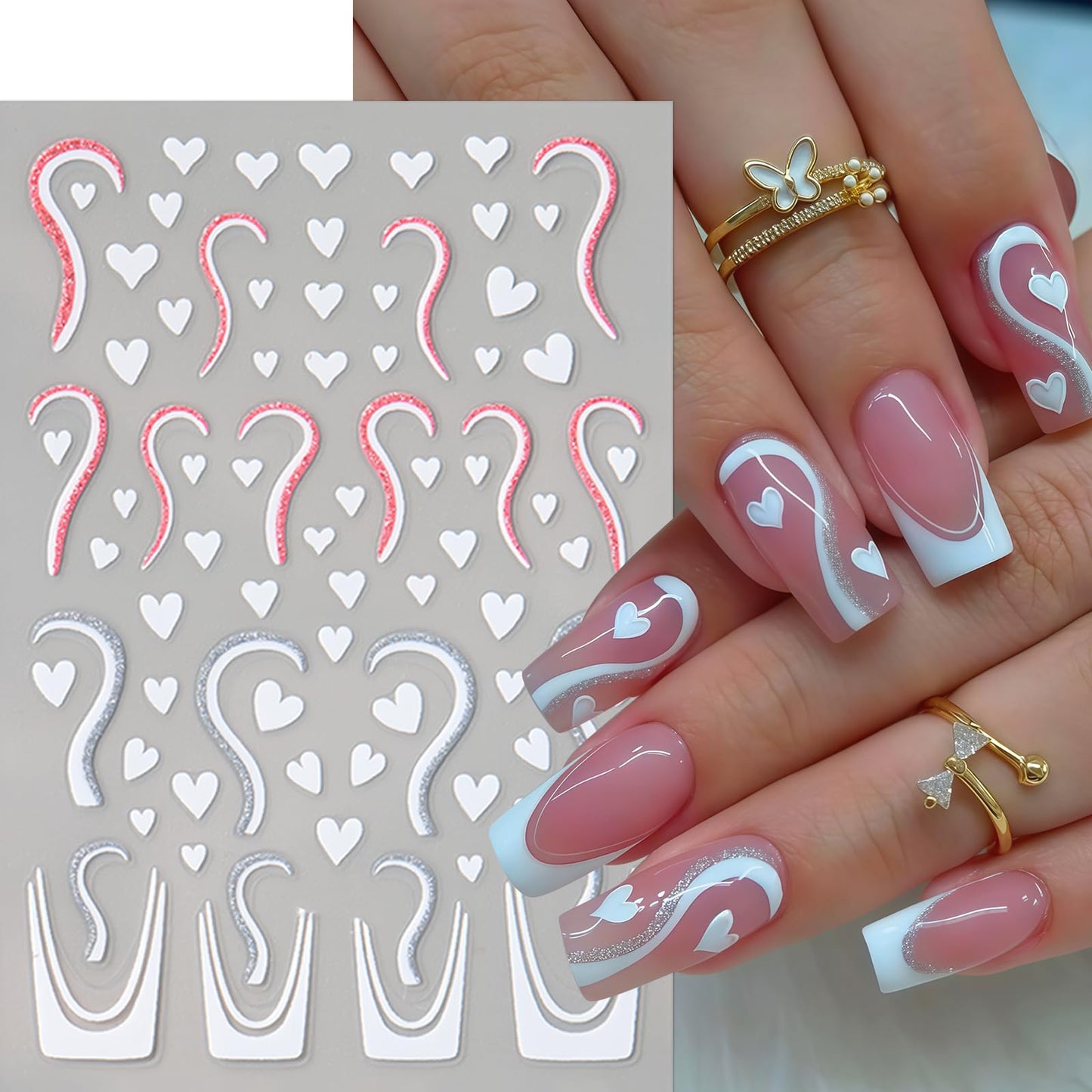 8 Pcs Valentines Day Nail Stickers French Heart Nail Decals Glitter Pink Silver Romantic Heart Curved Line Nails Design 3D Self-Adhesive Pink Red Silver Glitter Mini Hearts Nails Supplies for Women