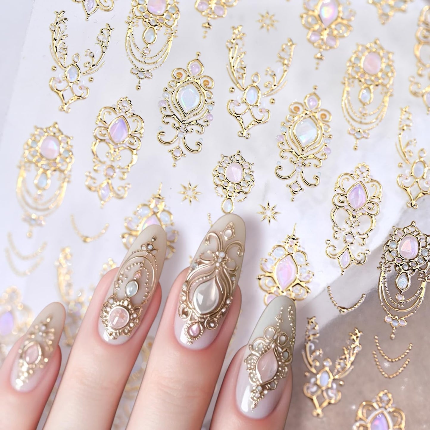 Gold Nail Stickers for Nail Art 5D Embossed Gemstone Nail Art Stickers Gold Mace Nail Decals Self-Adhesive Nails Design Supplies for Women Girls DIY Manicure