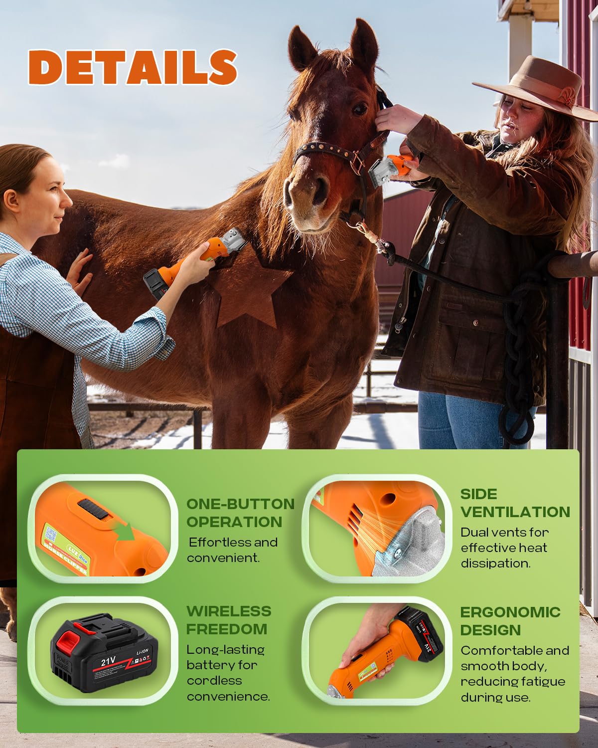 Luzrise Horse Clippers Cordless, Heavy Duty Horse Grooming Kit, 6-Speed Professional Livestock Clippers with 2PCS 21V 4Ah Lithium Battery for Shaving Horse Pony Cattle Large Dogs