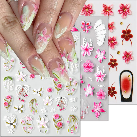 3Pcs Summer Flower Nail Art Stickers Decals 5D French Tip Nail Stickers Floral Nail Decals Colorful Flowers Nail Design Stickers Spring Cherry Blossom Nails Supplies for Women DIY Manicure Decor