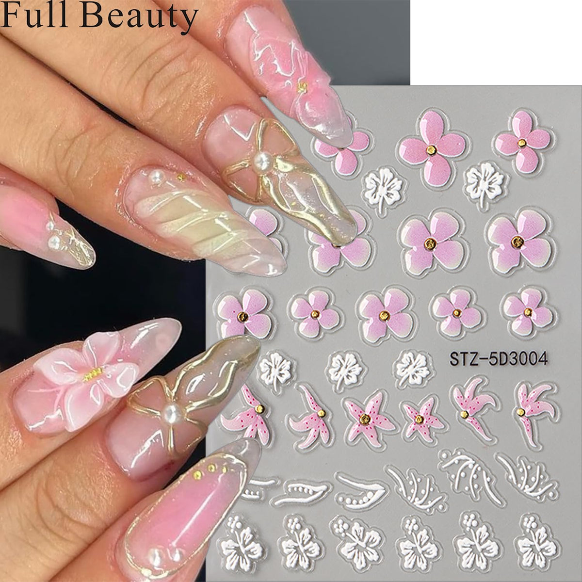 4 Sheet 5D Embossed Nail Stickers Flower Nail Art Stickers Decals for Spring Nail Supplies Pink Floral Nails Art Design Daisy Gold 3D Self-Adhesive Manicure Decoration for Women Nails Supplies