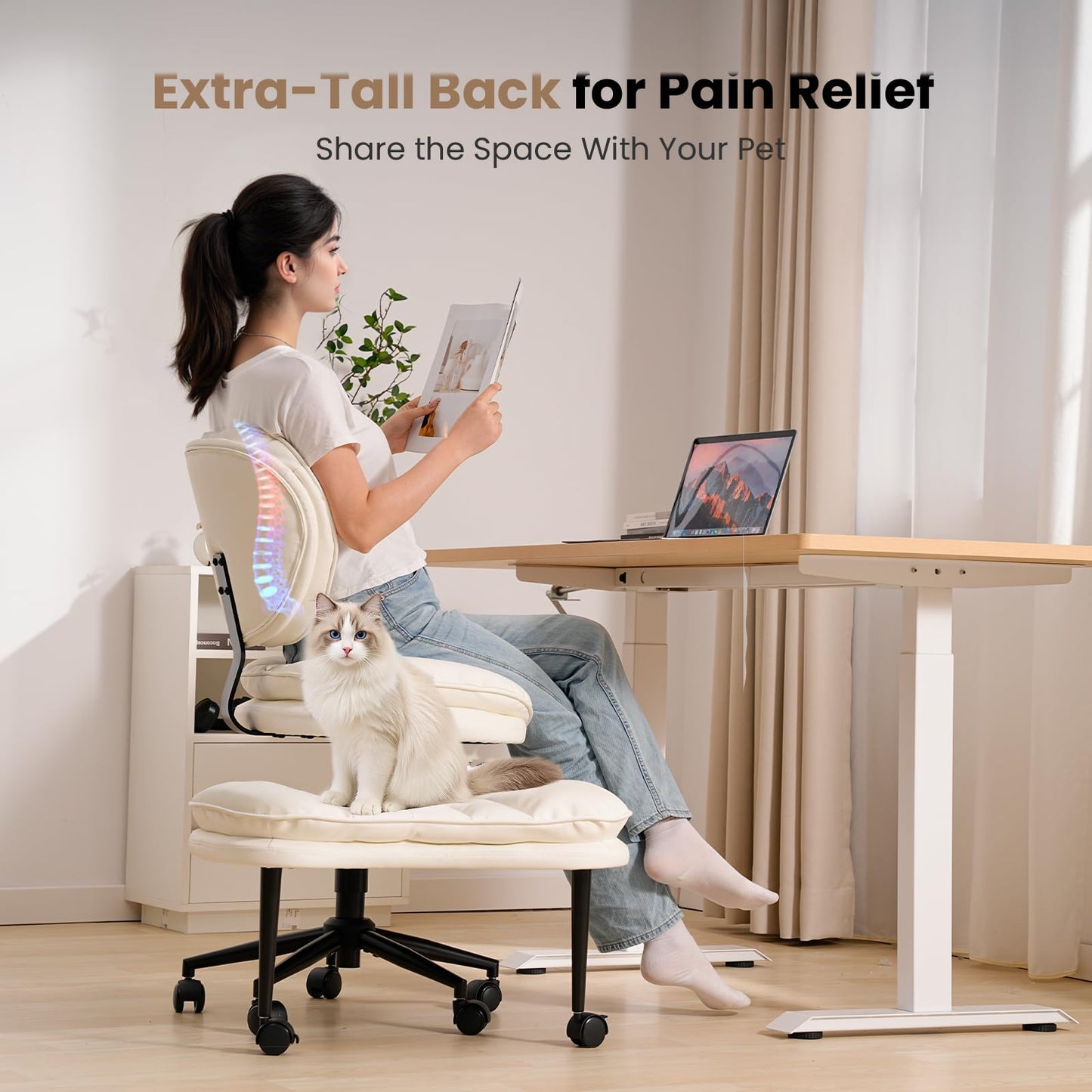 Extra-Wide & Tall Cross-Legged Office Chair – Deeply-Padded Cloud Seat, Ergonomic Back Support, Adjustable Height for ADHD & Meditation, White