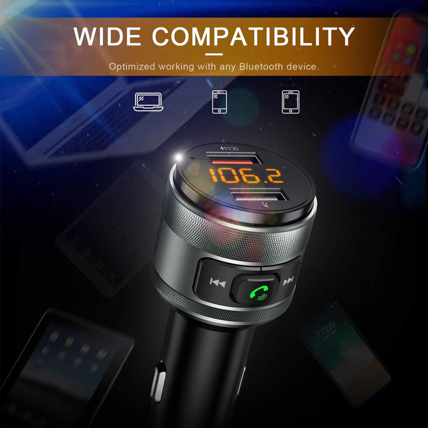 Bluetooth 5.3 FM Transmitter for Car, 3.0 Wireless Bluetooth FM Radio Adapter Music Player FM Transmitter/Car Kit with Hands-Free Calling and 2 USB Ports Charger Support USB Drive