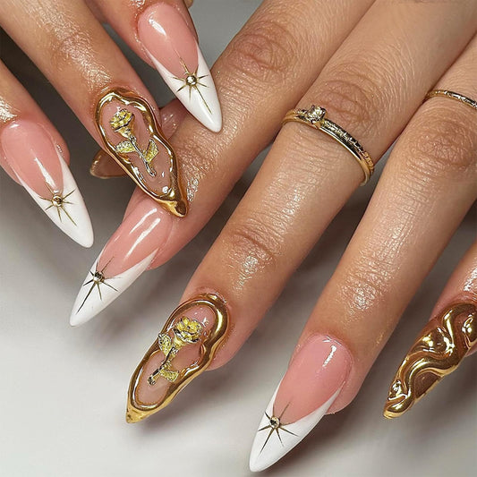 SINHOT Almond Press on Nails Medium Fake Nails Glossy Glue on Nails 3D Gold Rose Acrylic Nail Gold Chrome Stiletto Artificial Nail French Tip Stick on False Nail with Design 24 pcs