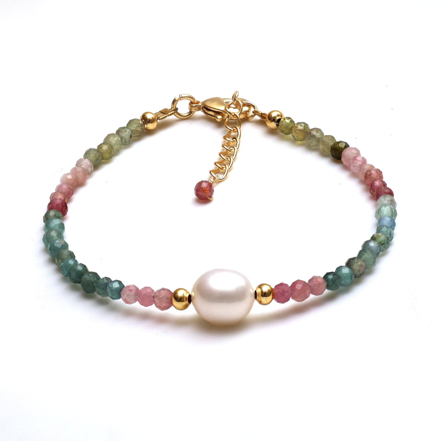 Gempires Watermelon Tourmaline Beaded Bracelet with Pearl Choker Crystal Jewelry Lightweight Colorful Gemstone Bracelets For Women Hypoallergenic 7.5 Inch Gold Plated Adjustable Chain