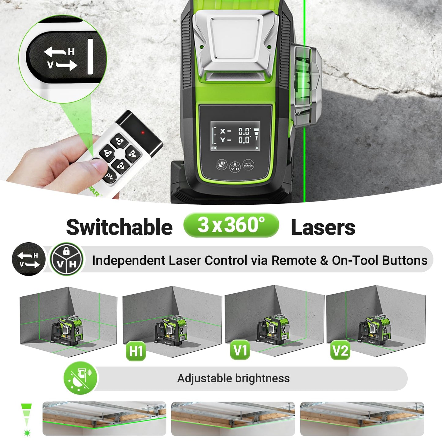 Huepar 360 Laser Level with Electric Pivot Around Point Fine Adjustment Rotating Base, Remote Control, Rechargeable Battery, 1/13" High precision Self Leveling Lazer Leveler, Pluse Mode