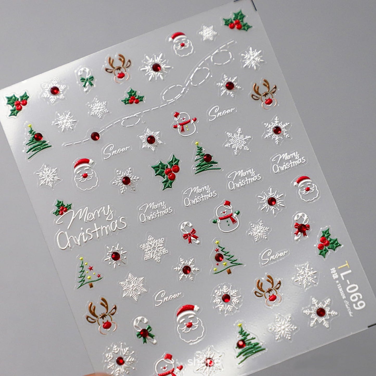 Christmas Nail Art Stickers Decals 5D Embossed Cute Santa Claus Snowman Nail Stickers Self-Adhesive Winter Snowflake Nail Decal with Red Rhinestones Charms Designs Nail Sticker for Women Nails Decor