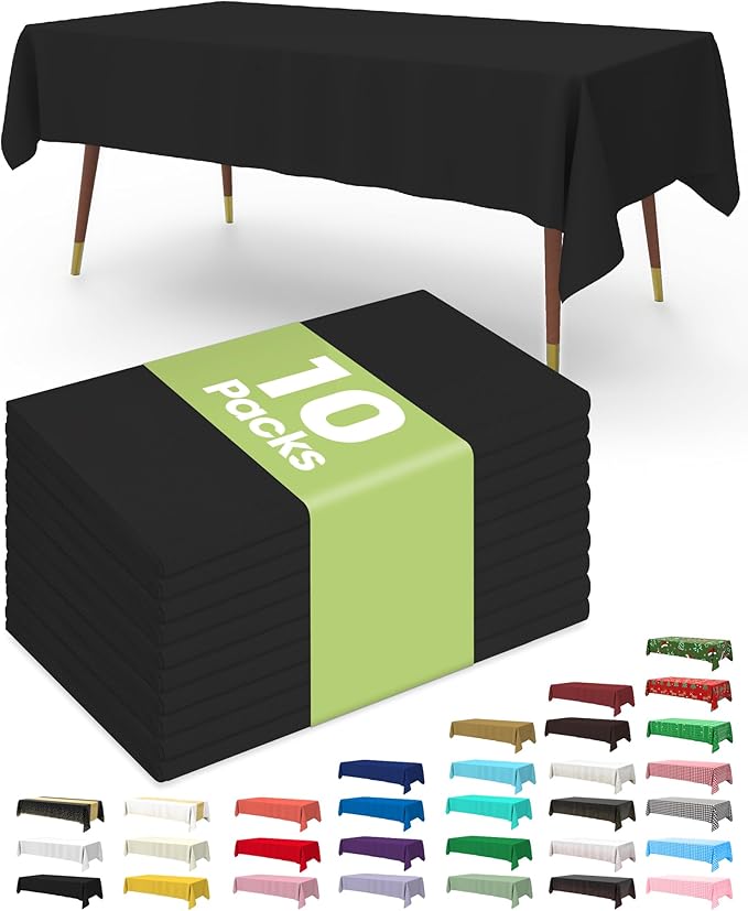Pureegg Plastic Table Cloth Disposable 10 Pack, 54 x 108 Inch Table Cloths, Halloween Party Decorations, Summerween Decor, Halloween Tablecloths, Rectangle, Plastic Cover, Leakproof & Sturdy, Black