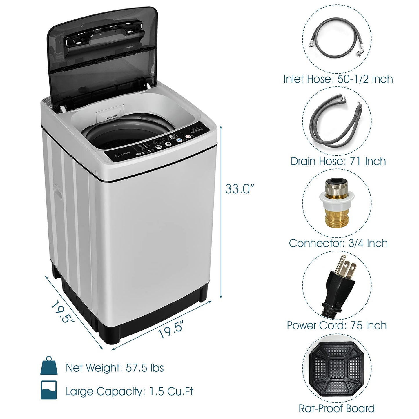 ARLIME 2 in 1 Portable Washing Machine, Full-Automatic Washer 1.5 Cu.Ft Capacity, Laundry Washer & Spin Dryer w/Long Inlet & Outlet Hose For Apartments, Condos, Dorms, RV’s Camping Living (Grey)
