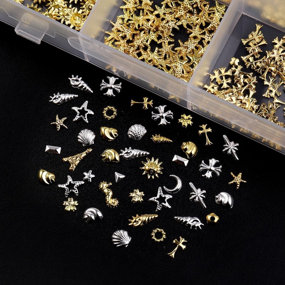 Gold Silver Nail Charms 3D Alloy Flower Nail Gems Ocean Beach Starfish Seashell Nail Jewels Multi-Shapes Metal Sun Moon Star Nail Art Supplies with Tweezer for Women DIY Acrylic Nail 24 Grids 1 Box