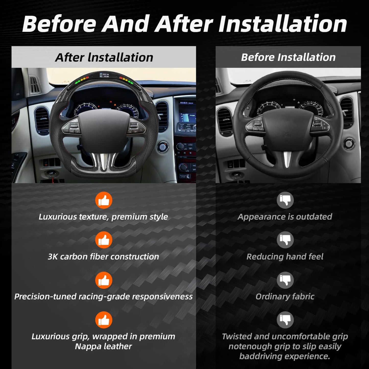 Steering Wheel for Infiniti 2014-2017 Q50 LED Display Indicator Real Carbon Fiber Steering Wheel Perforated Leather Anti-Slip for 2014-2017 Q50