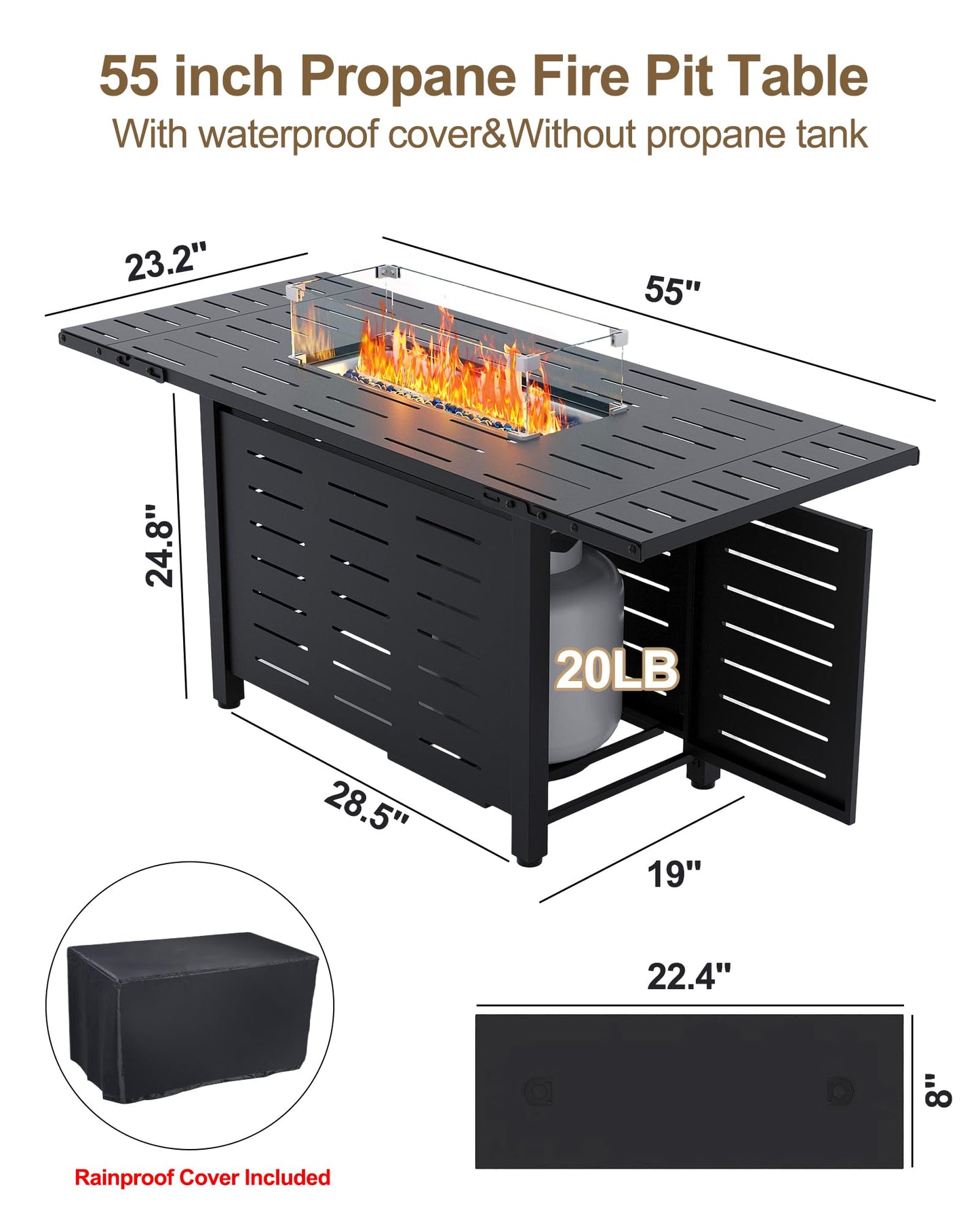 GarveeLife 55" Propane Fire Pit Table, 48000 BTU Gas Fire Pit Table with Ignition System, Outdoor Fire Table with Glass Rocks for Patio Garden Backyard, Rain Cover and Wind Guard Glass Included