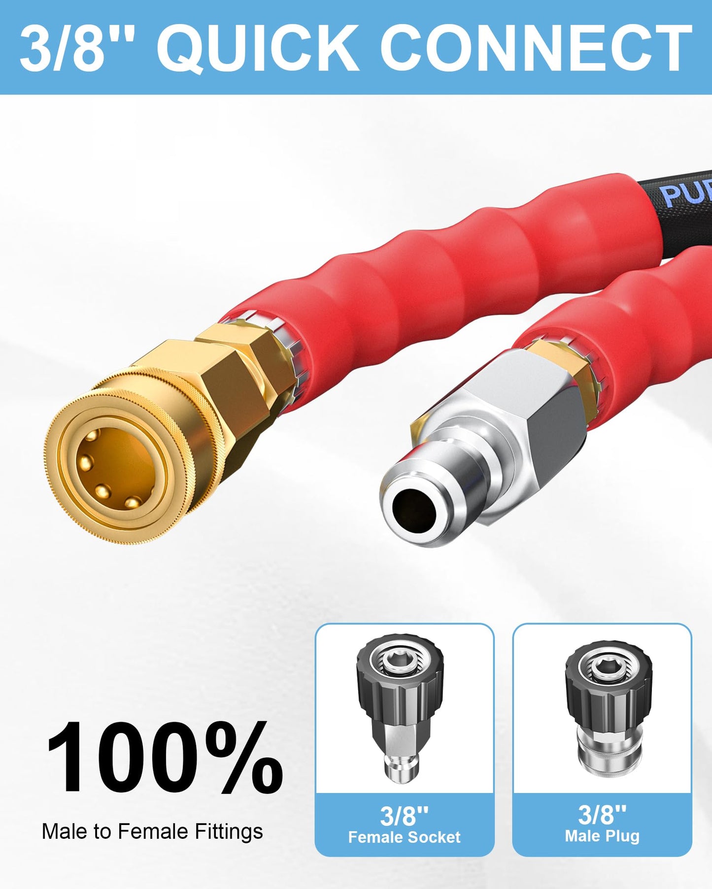 Purilitzs 3/8'' Pressure Washer Hose 200FT 4800PSI, Kink Resistant Power Washer Hose Steel Wire Braided with Swivel Quick Connect & 2PCS M22 Adapter, Non Marking Commercial Grade Pressure Water Hose