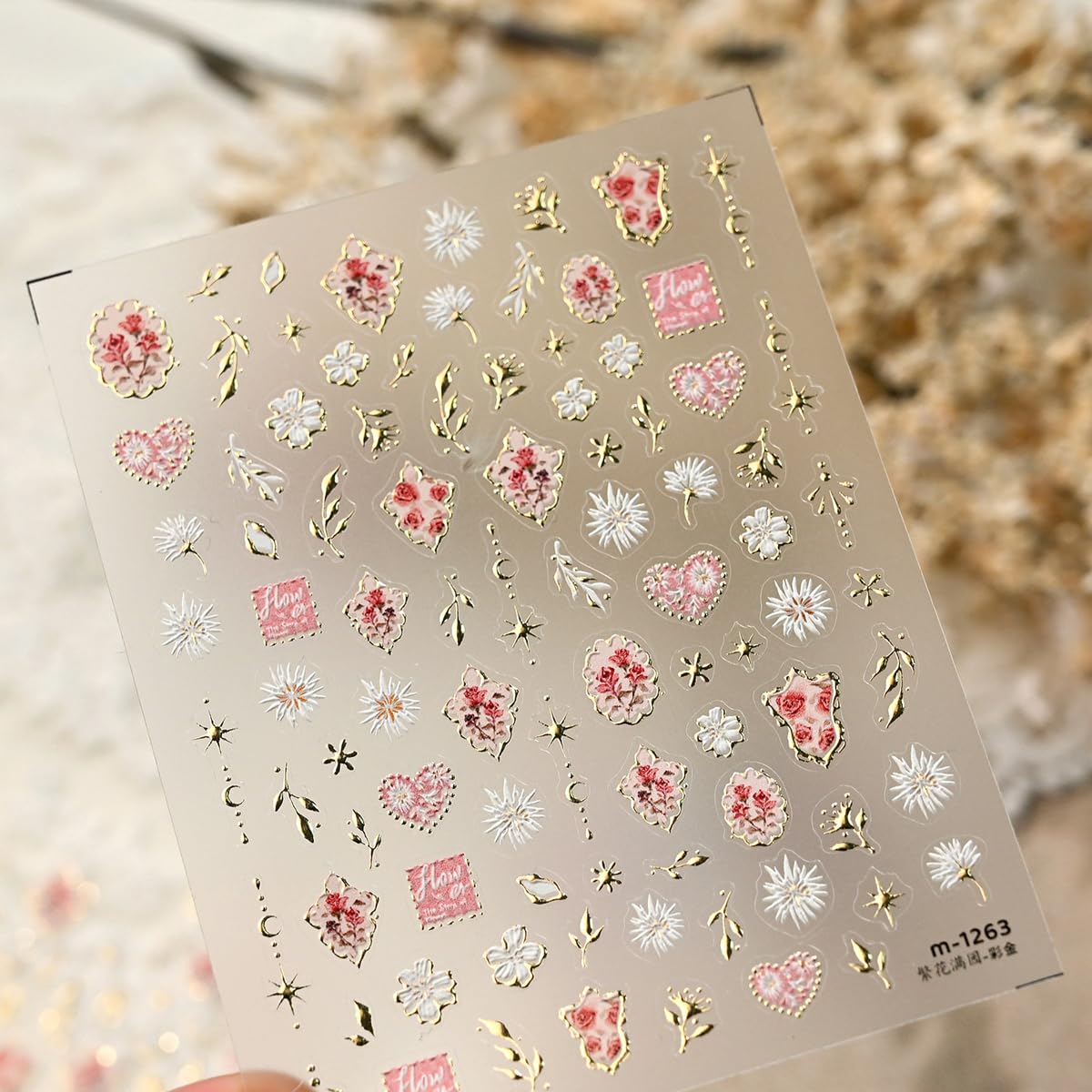 Gold Nail Art Stickers 5D Embossed Golden Frame Nail Stickers Heart Flower Leaf Star Moon Nail Decals Luxury Self-Adhesive Nail Art Supplies for Women Girls DIY Manicure 1 Sheet