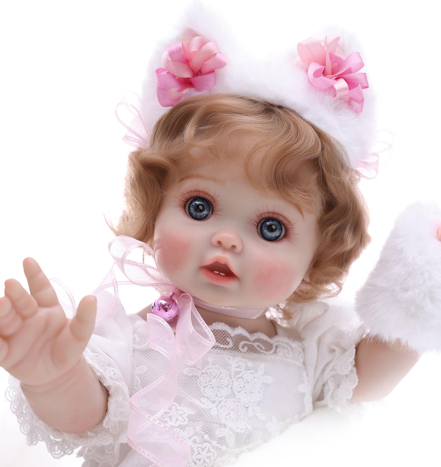 Cloveray Baby Doll, 18 Inch Realistic Reborn Toddler Real Life Baby Dolls with White Lace Dress, Magnetic Cat Nose, Fluffy Paw Mitten & Tail, Premium Collectible Gift for 3+ Year Old Girls