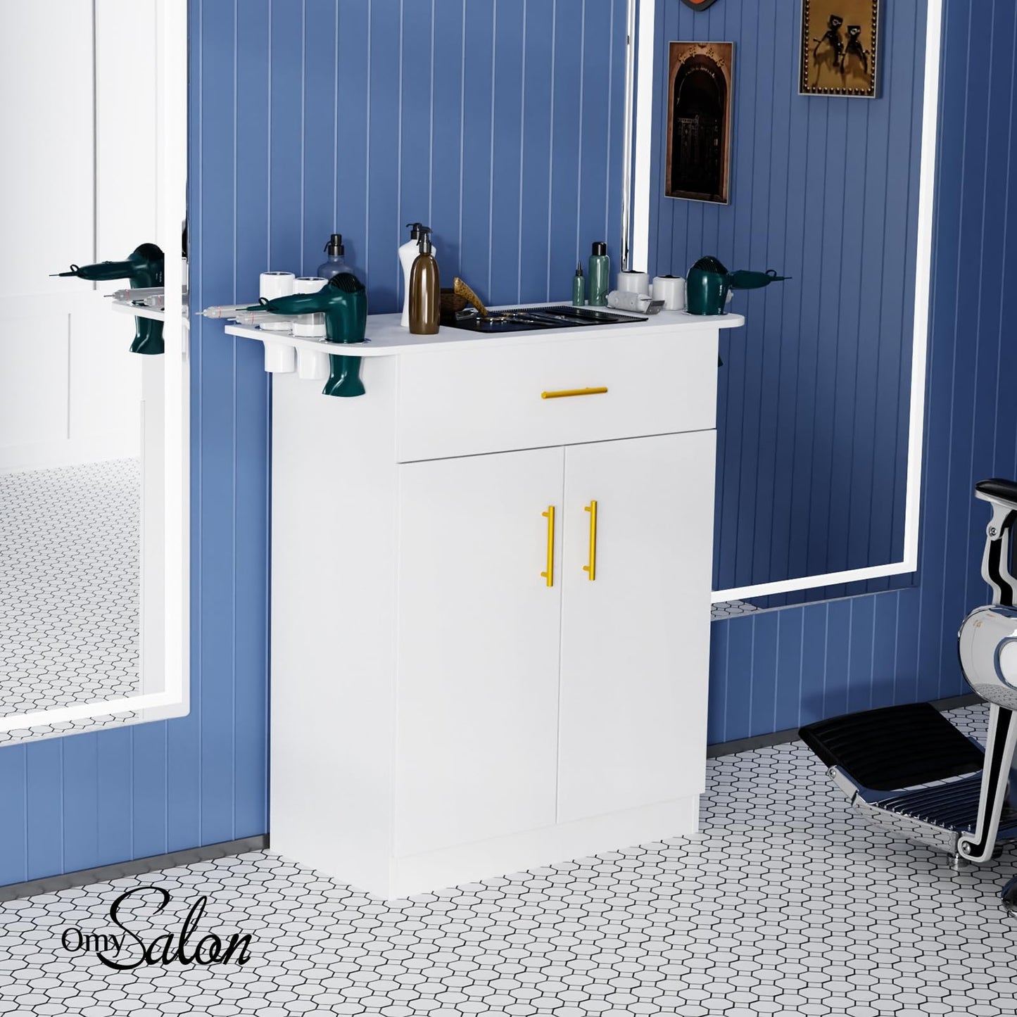 OmySalon Salon Storage Station, Barber Stations Beauty Salon Spa Equipment, Free Standing Cabinet with 1 Drawers, 1 Storage Cabinet, 6 Hair Dryer Holders for Hair Styling, White
