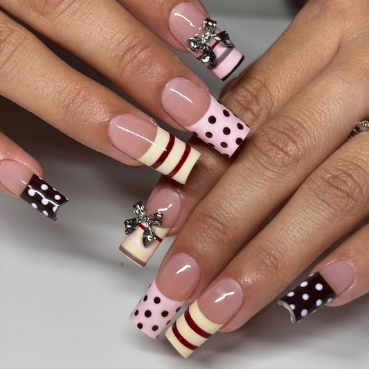 octoswave 3D Bow Press on Nails with Stripes and Polka Dots, Medium Square Acrylic Glue on Nails for Wedding Party Dating, 24Pcs