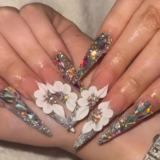 Long Handmade Press on Nails Almond Tip False Nails Summer 3D Flowers Nails Press Ons with Full Diamond Design Reusable Fake Nails Luxury Full Cover Stick on Nail for Women Manicure 10Pcs (Size M)