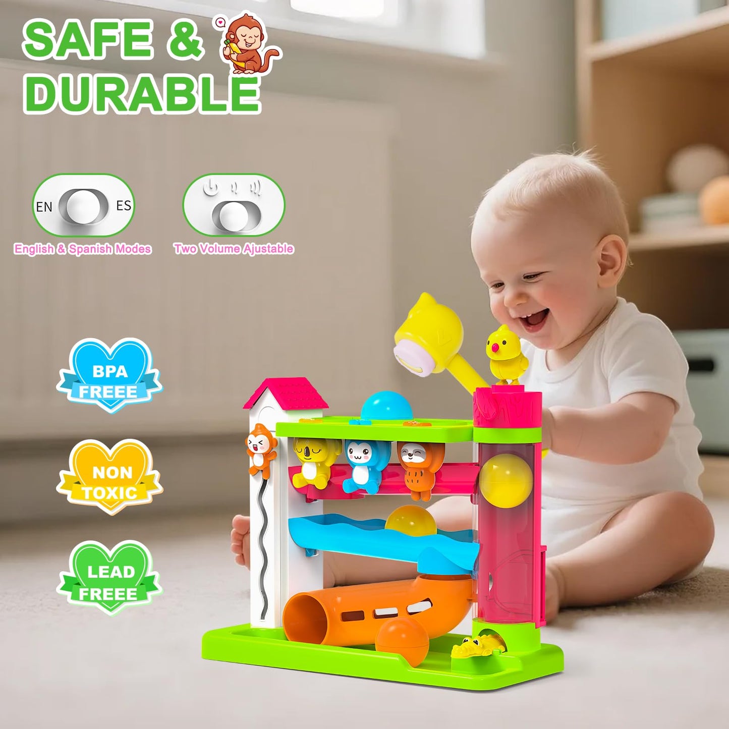 VOILBTOY Musical Toy for 1-2 Year Old Boys,Educational Baby Toys 12-18 Months,Ball Drop Toy with English & Spanish,Fine Motor Toys for Toddlers 1-3,Birthday Gift for 1+ Year Old Boy (Green)