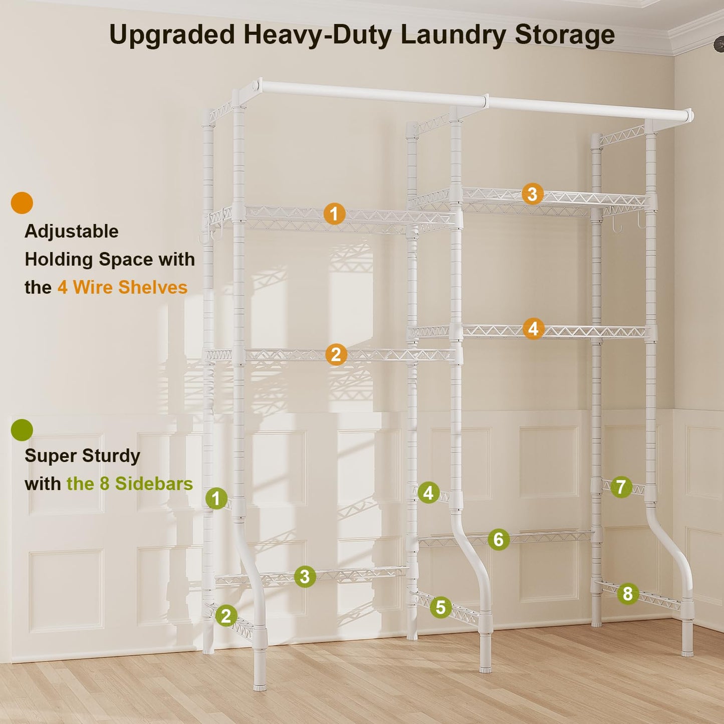 ULIFHOME U14 Over Washer and Dryer Storage Shelves, 4 Tiers Laundry Room Storage and Organizer System, Space Saving Clothes Drying Rack with 2 Clothes Hanger Rods, 66.5" W x 20.5" D x 77.4" H, White