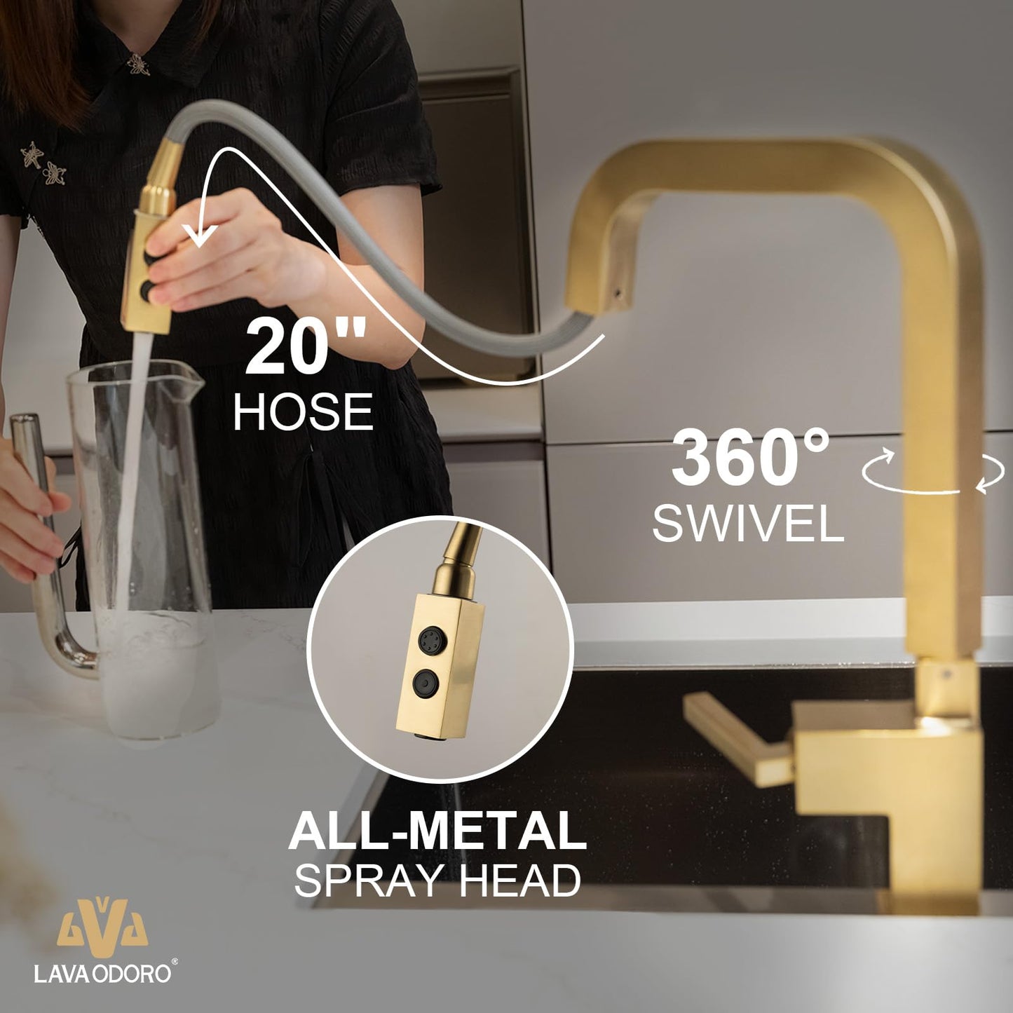 Brushed Gold Kitchen Faucet with Pull Down Sprayer, Lava Odoro Gold Single Handle Kitchen Sink Faucet, Gold Faucet for Kitchen Sink with Magnetic Docking Spray Head, Deck Plate, KF182-SG
