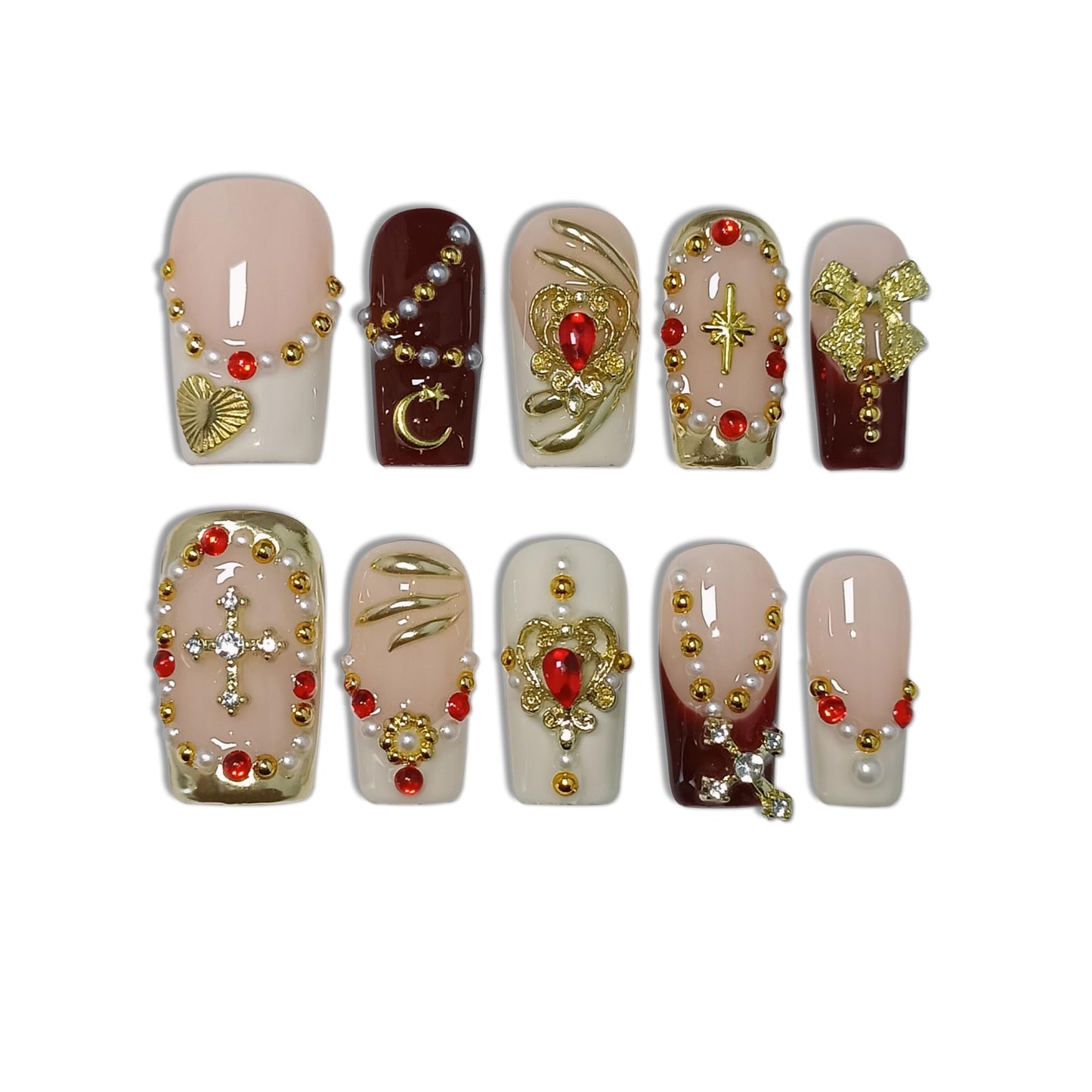 TENPAL Royal Baroque Style Handmade Press on Nails Medium Long- Wine Red & Gold French with 3D Cross Heart Pearl Designs | Regal Y2K Fake Nails with Tools for Women Girls(S)