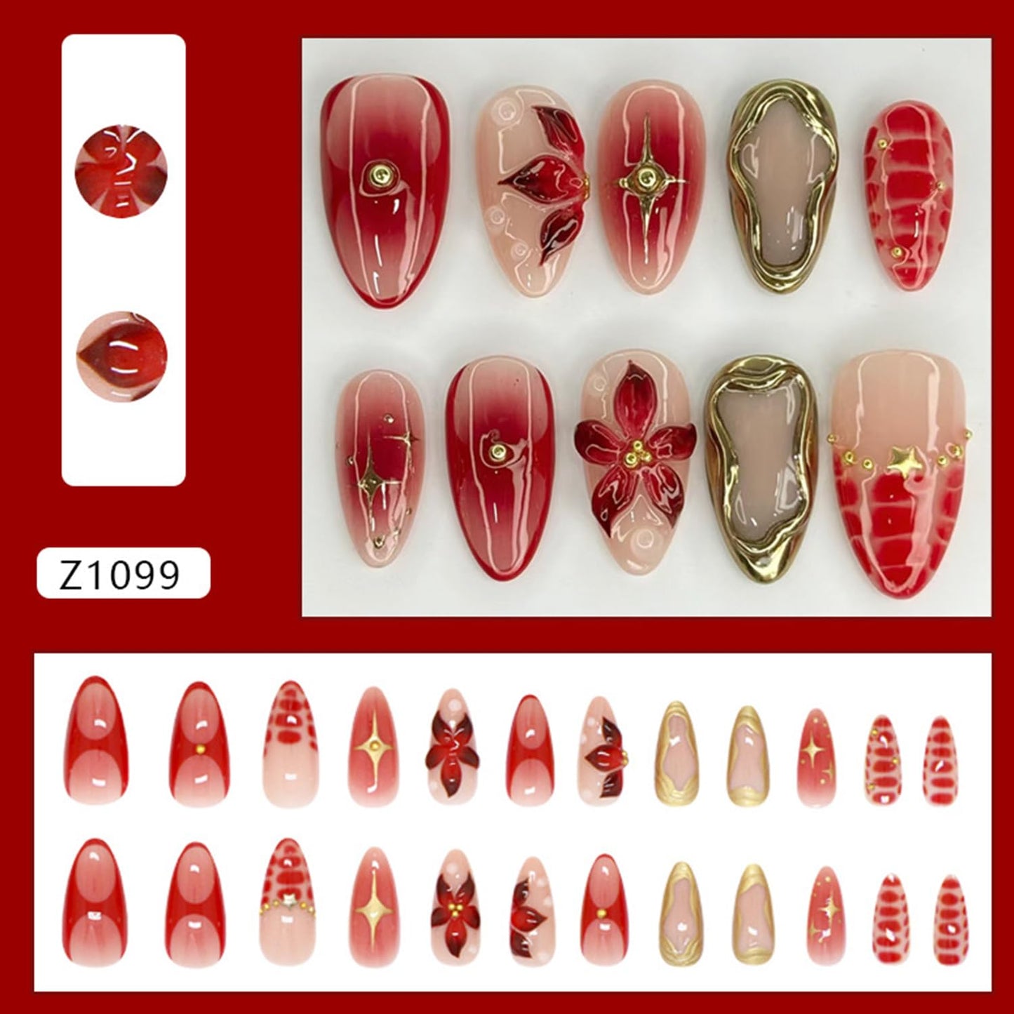 CJDLTS 24Pcs 3D Flower Fake Nail Medium Almond Gold Stars Rhinestones Lines Design Stick on Nails Full Cover Reusable Coffin Press on Nails Artificial Acrylic Fingernails for Women Manicure