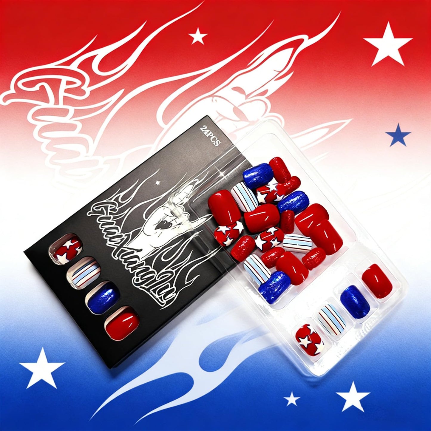 4th of July Press on Nails Short Square Fake Nails Red Blue Glitter False Nails with Star Stripes Design Independence Day Patriotic Nails Full Cover Glossy Stick on Nail for Women Manicure 24Pcs