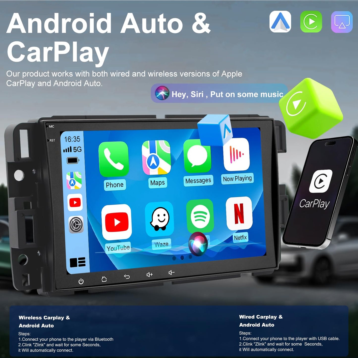 Car Radio for GMC Sierra 1500/2500/3500 2007-2013, Chevrolet Chevy Silverado 1500/2500/3500 2007-2013, Yukon 2007-2014, Impala 2007-2013, 8'' Carplay Touch Screen Android Auto Stereo, GPS FM BT Camera