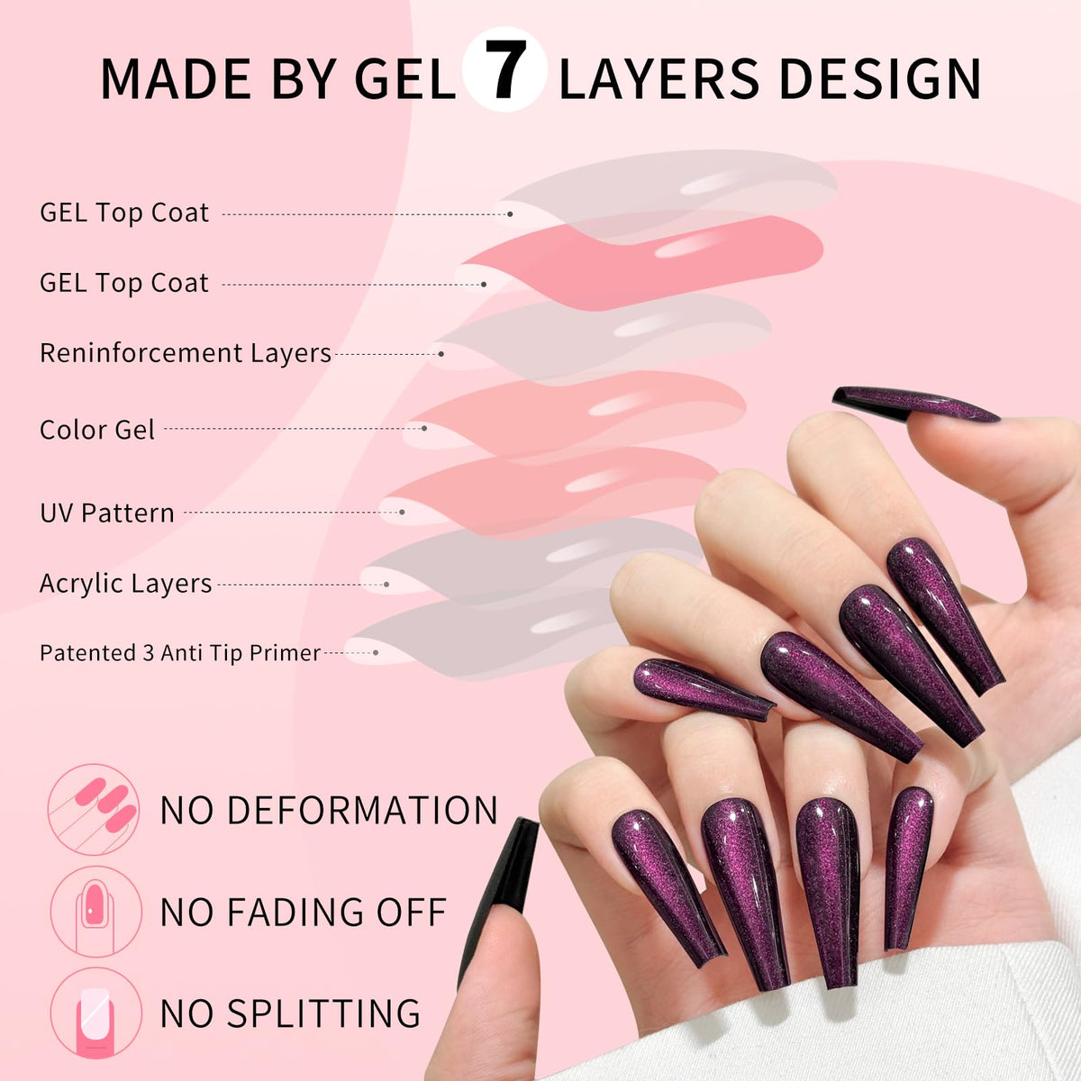 Dark Purple Cat Eyes Press On Nails,12 Sizes - 24 Pcs Soft Gel Purple Long Coffin Fake Nails Kit with Nail Glue, Natural Reusable Stick On False Nails for Women and Girls SK1045