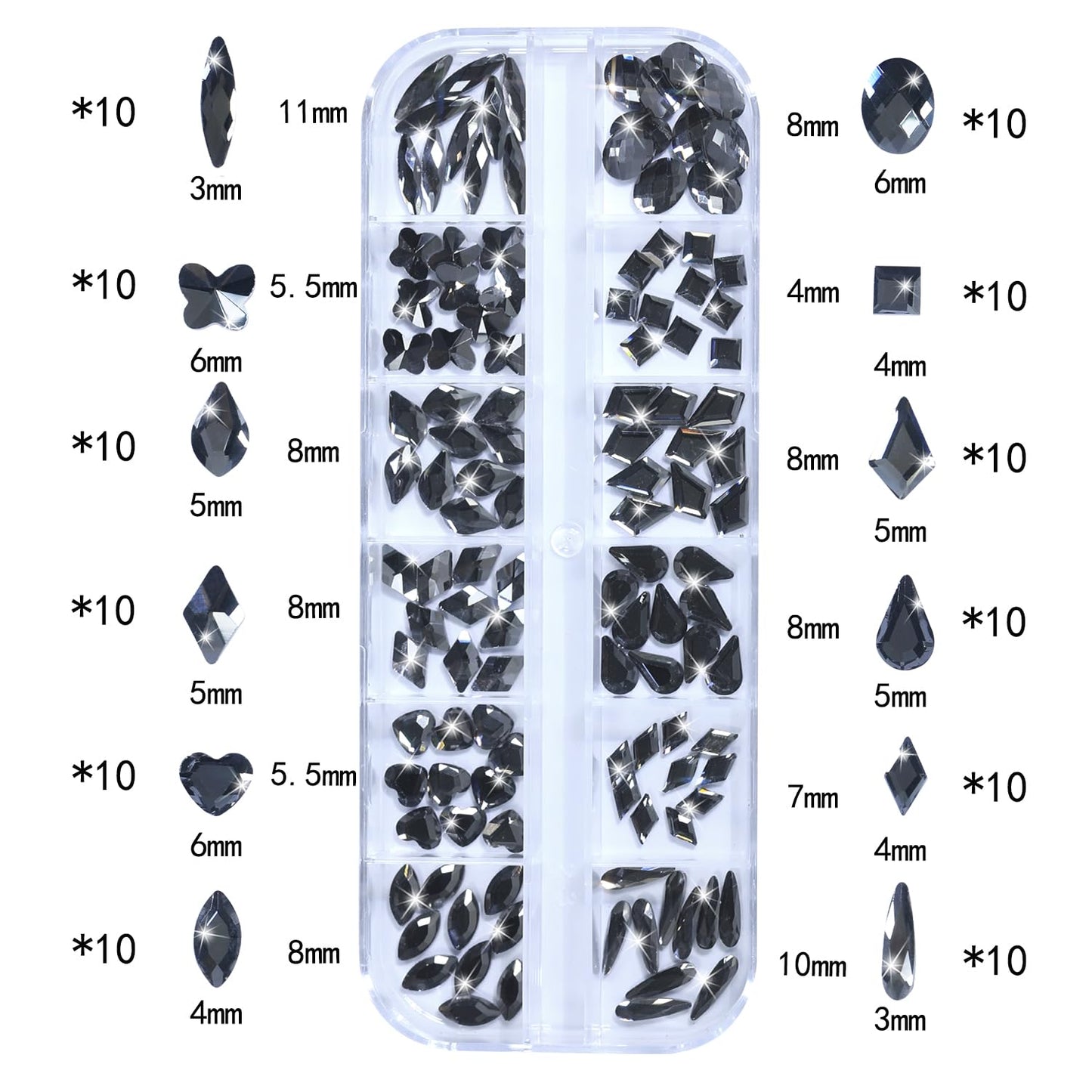 DZHILHMX Nail Rhinestones - 3D Multi Shape Size, Flat Back, Crystals Manicure Rhinestones Charms, Transparent Gray Nail Gems, with Kit, for Nail Art, Bedazzling Acrylic Nails, DIY Decor