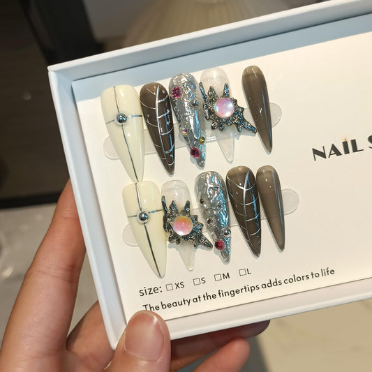 TENPAL Gothic Black-Grey 3D Metallic Press on Nails Long Stiletto,Gems Chains Hand-Painted Fake Nails with Soft Gel,Halloween Party Vampire Nails,Edgy Rhinestone Y2K Nail Kit with Tools 10pcs(L)