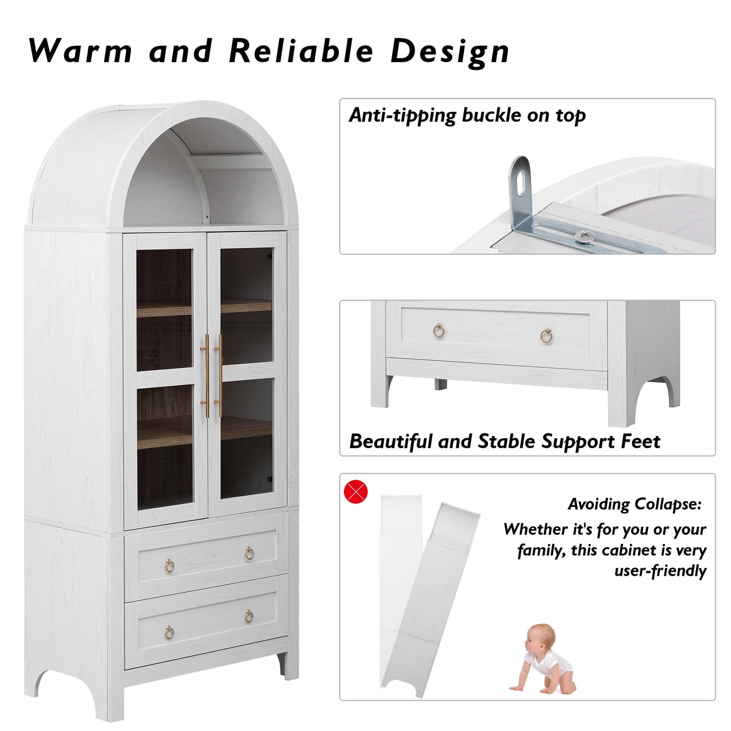 Erteliza 71" Farmhouse Arched Storage Cabinet with Glass Doors, Tall Arched Cabinet with Drawer, Adjustable Shelves & Door Racks, Modern Kitchen Pantry Cupboard, White