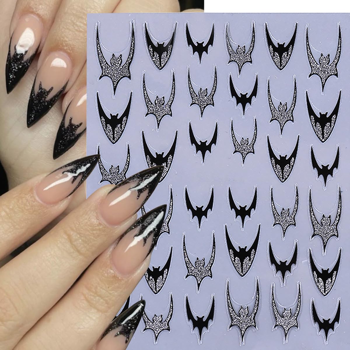 6 Sheets Halloween Bat Nail Stickers for Nail Art 3D Self Adhesive Gothic Bat Nail Decals with Exquisite Gold Silver Glitter French Nail Designs Stickers Holiday Decoration Nails Supply for Women DIY