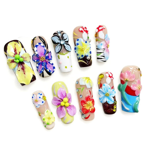 Handmade 3D Floral Art Colorful Square Press On Nails, Sweet Rhinestone Artisan Nails Set, Reusable Glossy Press-ons with Tool Kit(XS)