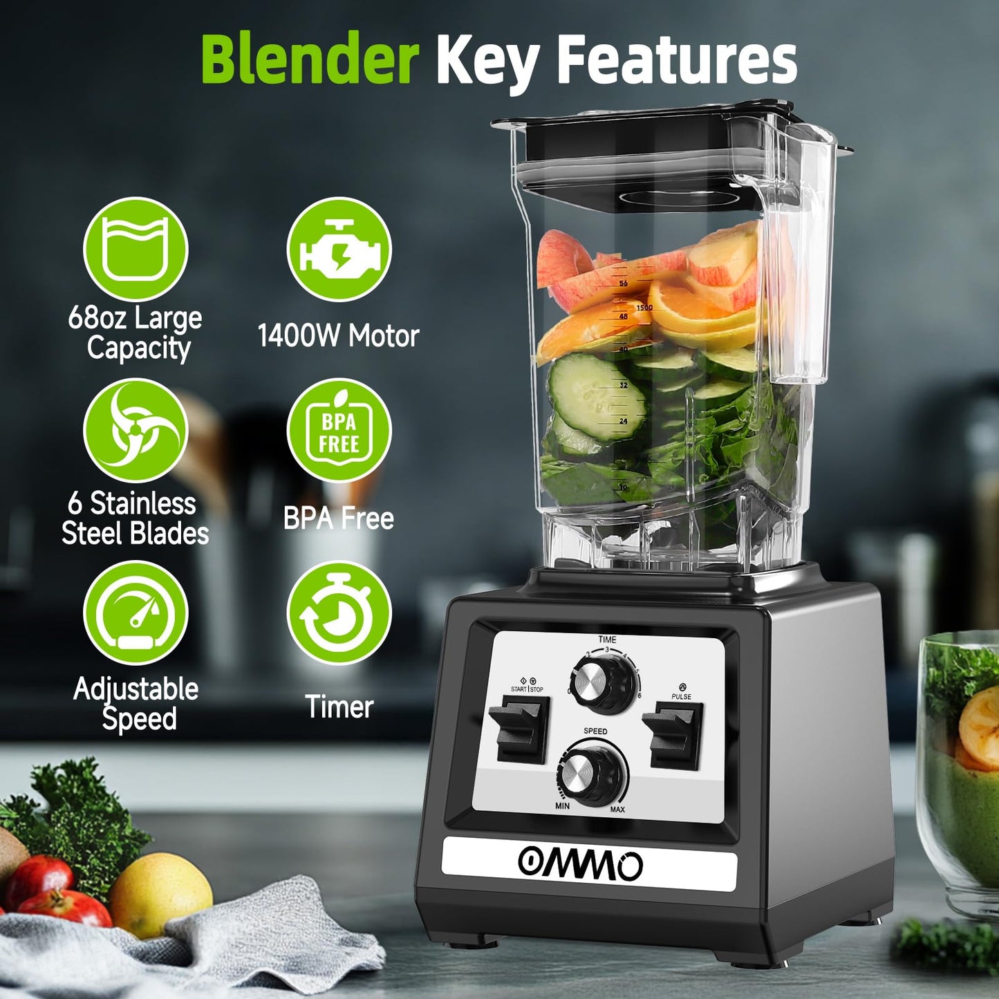 OMMO Blender for Smoothies: 1800W Peak Blenders for Kitchen, 68oz BPA-Free Pitcher, Timer & Speed Control, 6 Stainless Steel Blades, Dishwasher Safe Blender for Ice Crush/Smoothies/Frozen Drinks/Black
