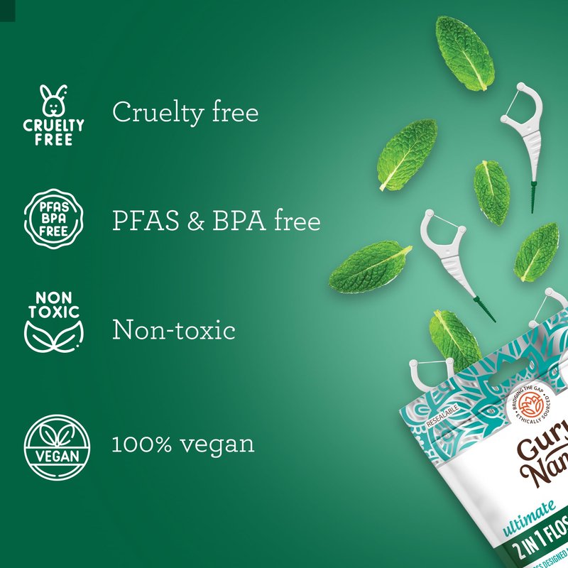GuruNanda 2 in 1 Dental Floss Picks - Non-Slip Grip Handle, Slide Easy, No Break or Shred Flosser - Complete Oral Care with Interdental Pick for Healthy Teeth & Gums - Mint Flavor, 40 Count (1 Pack)