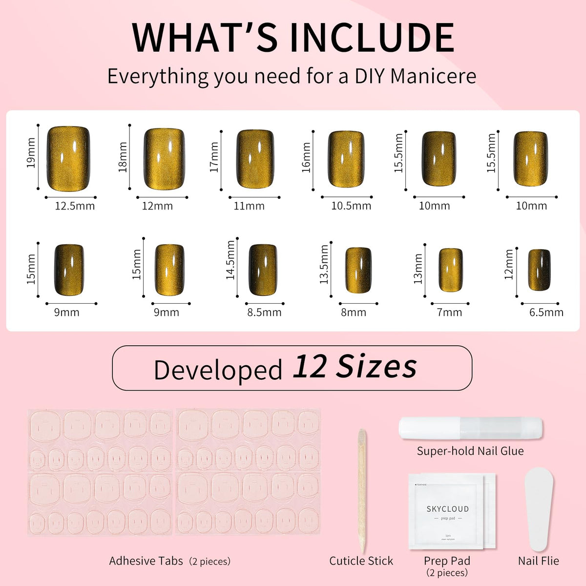 Yellow Cat Eyes Press On Nails,12 Sizes - 24 Pcs Soft Gel Yellow Medium Square Fake Nails Kit with Nail Glue, Natural Reusable Stick On False Nails for Women and Girls (Skycloud Nails) SK0926
