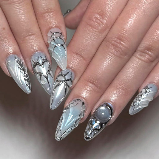 24Pcs Chrome Silver Press on Nails Short Almond Fake Nails Y2K Heart Bow Design False Nails Irregular Silver Line Acrylic Nail Blue Smudge Glossy Full Cover Metallic Artificial Stick on Nail for Women