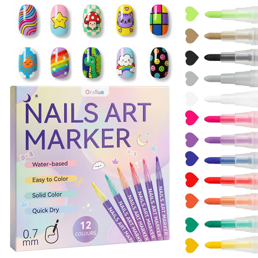 12 Colors Nail Art Pens for Painting Nails, 0.7mm Fine Tip Nail Art Makers, No Shaking Required, Quick Dry, Easy Control Nail Markers Kit for Kids