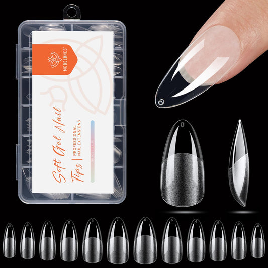 modelones Pointed Almond Nail Tips, Medium Pre-shaped Soft Gel Tips Fake Nails False Acrylic Clear Full Cover Press on Extension Gel Kit Manicure DIY at Home 216PCS 12Sizes